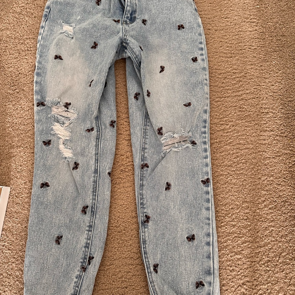 Tinseltown Light Blue Jeans with Butterfly Embroidery